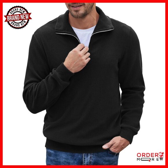 Men's Quarter Zip Corduroy Pullover Sweater Casual Mock Neck Long Sleeve